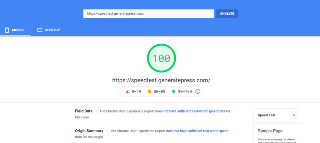 GeneratePress Website Mobile Speed Test