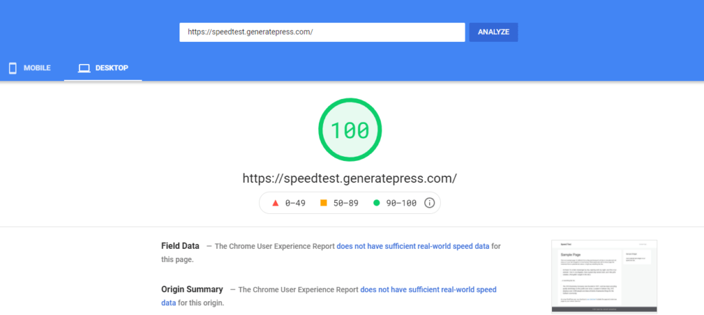 GeneratePress Website Desktop Speed Test