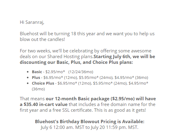 Bluehost Birthday Sale Offer