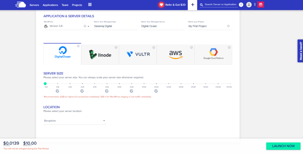 Cloudways server selection